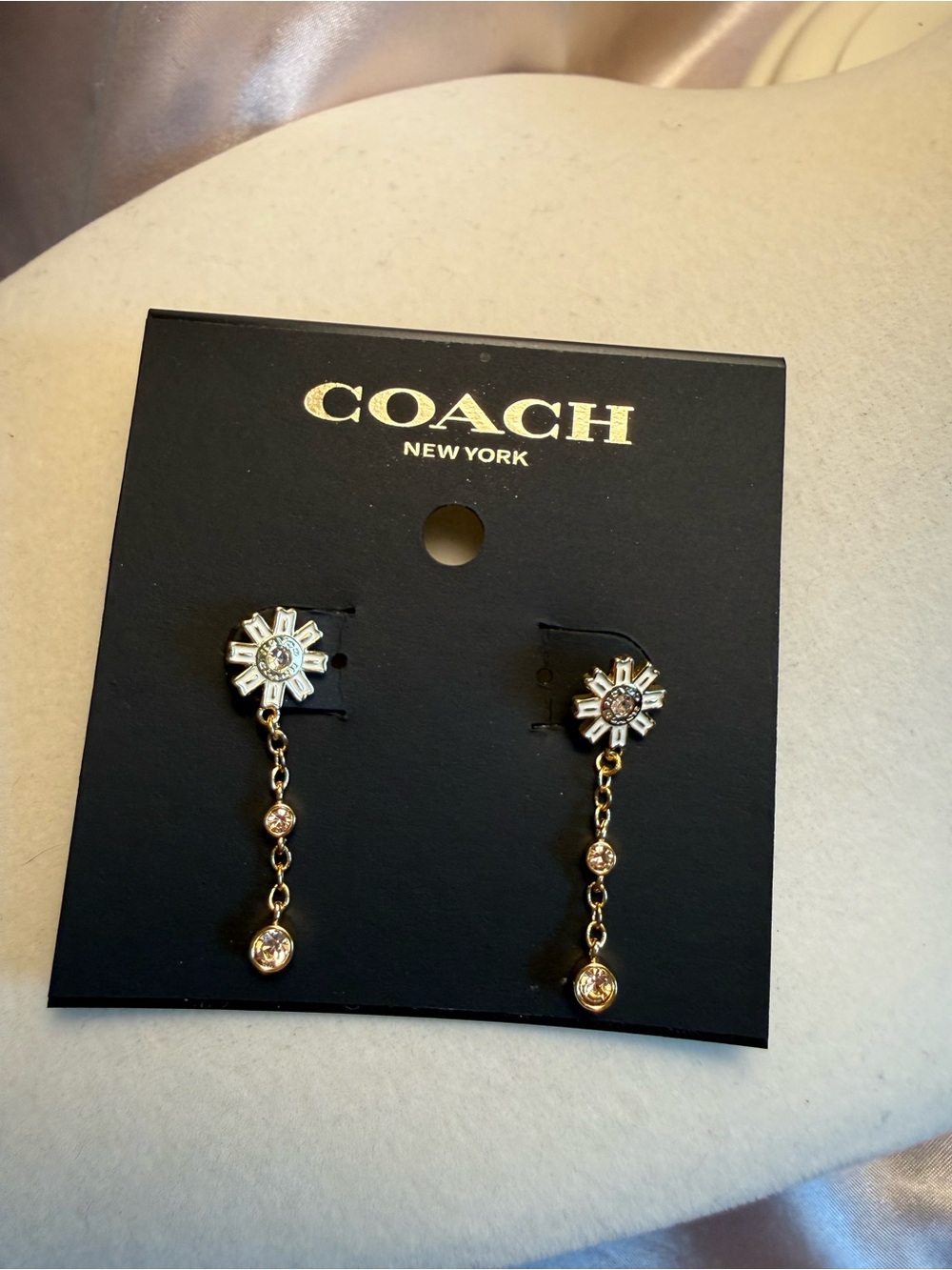 Coach Gold Floral Chain Drop Earrings with Crystal Accents